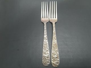 Antique S Kirk & Son Sterling Silver Floral Repousse (2) Forks Logo 1 Numbered