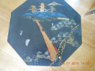 Vintage Japanese Small Black Lacquer 3 Leg Hexagonal Table With Hand Painted Top