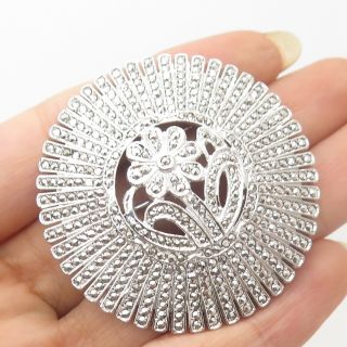 Vtg 925 Sterling Silver Real Marcasite Gemstone Floral Design Round Pin Brooch