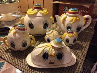 Rare Vintage Royal Sealy Google Eye Pixie Girl Tea Pot/cookie Jar/butter Dish