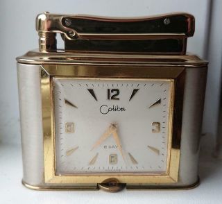 Rare Vintage Colibri Table Lighter Swiss 8 Day Clock Front Gwo