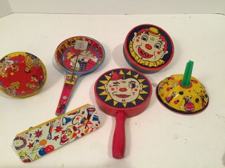 Set Of 6 Vintage Tin Litho Noise Makers - Vg/ex