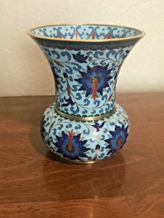 Vintage Chinese Brass Cloisonne Vase Turquoise Blue & Red Enamel Floral Design