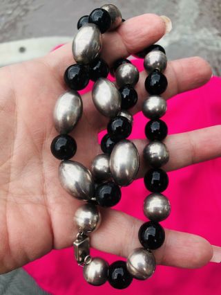 Vintage Heavy Taxco,  Mexico Sterling Silver Bead Necklace Onyx 91.  7 Grams