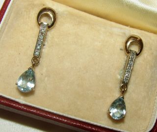 Elegant,  Vintage,  9 Ct Gold Earrings With Aquamarine And Diamonds