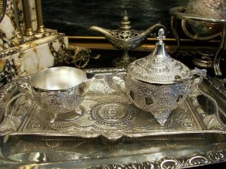 Vintage Silverplated Set Of Sugar Bowl Milk Jug Tray Ornate Orient Antique