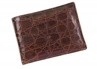 Vtg Alligator Brown Leather Flap Credit Card Pocket Bifold Wallet