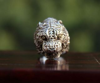 Chinese Miao Jewelry Silver Handwork Flexible Caliber Tiger Head Finger Ring