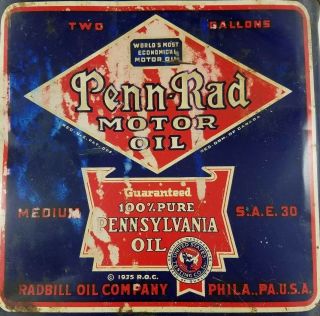 Vtg 1930s Penn - Rad Motor Oil 2 Gallon Litho Tin Can Pennsylvania Advertising