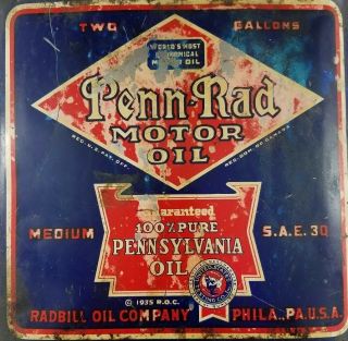 VTG 1930s PENN - RAD MOTOR OIL 2 GALLON LITHO TIN CAN PENNSYLVANIA ADVERTISING 3