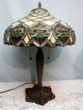 Vtg Tiffany Style Table Lamp Owl Faces Double Socket Stained Glass