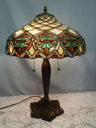 VTG Tiffany Style Table Lamp Owl Faces Double Socket Stained Glass 2