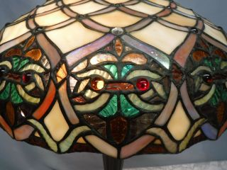 VTG Tiffany Style Table Lamp Owl Faces Double Socket Stained Glass 3