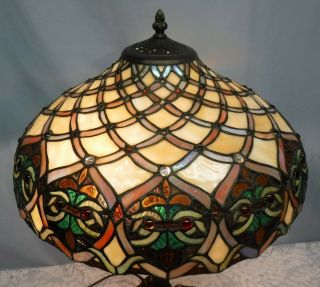VTG Tiffany Style Table Lamp Owl Faces Double Socket Stained Glass 4