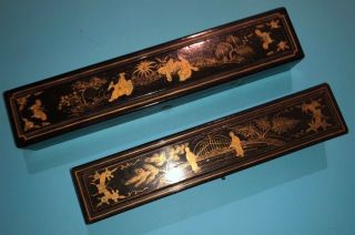 2 Fine Chinese Qing Dynasty Gold Lacquer Hand Painted Fan Box Case