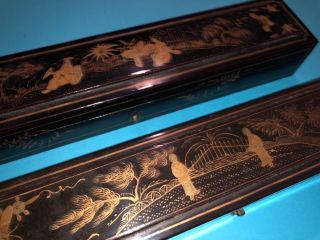 2 FINE CHINESE QING DYNASTY GOLD LACQUER HAND PAINTED FAN BOX CASE 3