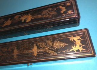 2 FINE CHINESE QING DYNASTY GOLD LACQUER HAND PAINTED FAN BOX CASE 4