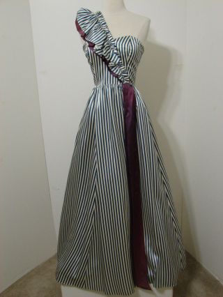 Gunne Sax Vintage Mcclintock Blue & White Stripe One Shoulder Crinoline Gown 7