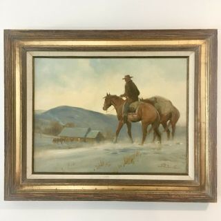 Vintage Framed Landscape Painting Oil On Canvas Western Cowboy On Horse At Dawn