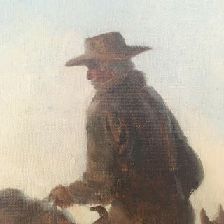 Vintage Framed Landscape Painting Oil on Canvas Western Cowboy on Horse at Dawn 2