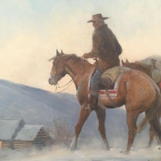 Vintage Framed Landscape Painting Oil on Canvas Western Cowboy on Horse at Dawn 7