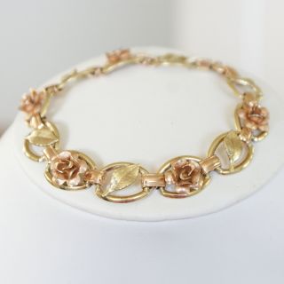 Vintage 1960s 14k Rose And Yellow Gold Filled Roses Bracelet Estate Jewellery