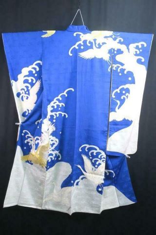 11v15966 Silk Vintage Japanese Kimono Furisode Dress Embroidery Wave Crane Birds