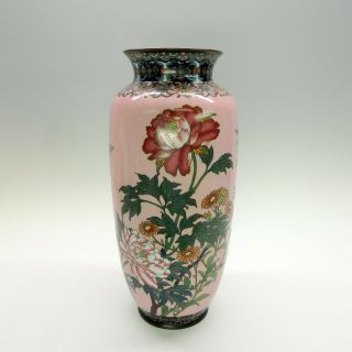 Antique Large Japanese Meiji Cloisonne Vase Flowers With Pink Background 13 "