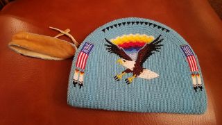 Vintage Native American Beaded Large Clutch Purse W/ Eagle,  Feathers And Us Flag