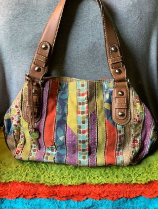 Fossil Vintage Multi - Color Striped Canvas Leather Trim Magnetic Snap Carryall