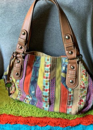 Fossil Vintage Multi - Color Striped Canvas Leather Trim Magnetic Snap Carryall 2