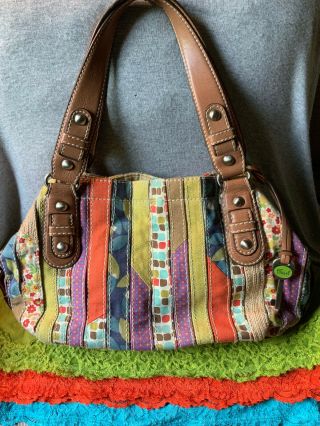 Fossil Vintage Multi - Color Striped Canvas Leather Trim Magnetic Snap Carryall 3