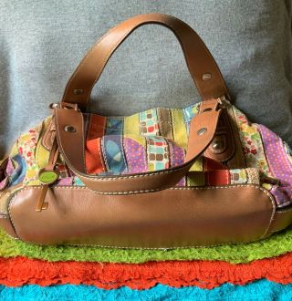 Fossil Vintage Multi - Color Striped Canvas Leather Trim Magnetic Snap Carryall 4