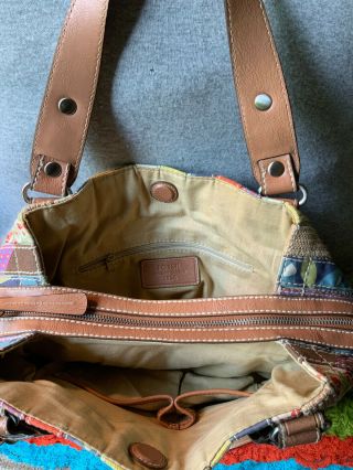 Fossil Vintage Multi - Color Striped Canvas Leather Trim Magnetic Snap Carryall 5
