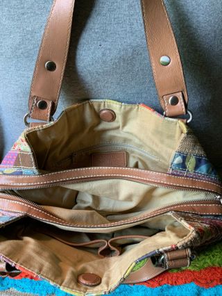 Fossil Vintage Multi - Color Striped Canvas Leather Trim Magnetic Snap Carryall 6