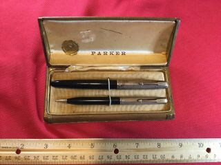 Vintage Parker 51 Pen & Pencil Set Black With Case Sterling Silver