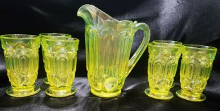 Vintage Weishar Glass Vaseline Carnival Ltd Edition Moon & Stars Water Set 4