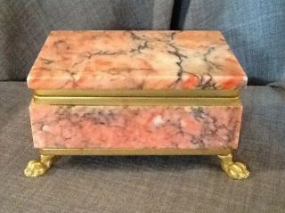 Vintage Marble Pink Black White Veins,  Brass Footed Hinged Dresser Box.  Italy?