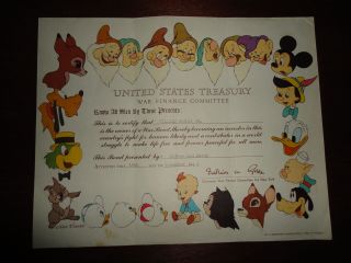1945 Us Treasury War Bond Certificate,  Walt Disney Characters