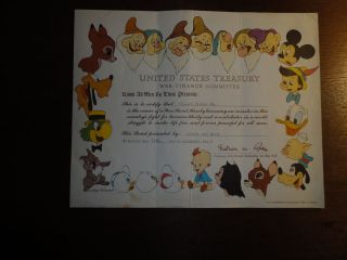 1945 US Treasury War Bond Certificate,  Walt Disney Characters 2