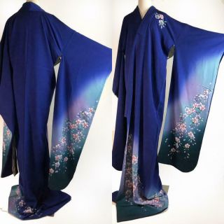 Japanese E012805 And Elegant Blue Furisode Kimono Vintage Japanese Tal
