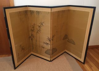 Vintage Japanese Hand Painted Gold Silk 4 Panel Bamboo Screen Brass Chop Seal
