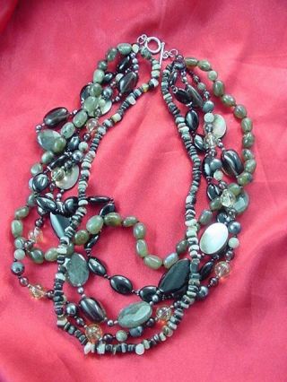 Vtg 18 " Agate Onyx Apache Tears Bead 5 Strand Necklace Sterling Silver 1801