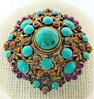 Vintage Joan Rivers Domed Turquoise Brooch Pin With Purple And Topaz Stones