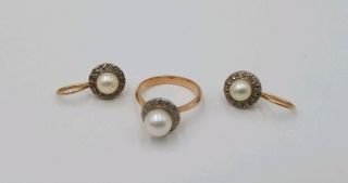 Vintage Russian 14k Gold Earring Pearl Halo Ring Set Size 7.  5