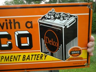 VINTAGE 1949 DOUBLE SIDED DELCO BATTERY PORCELAIN GAS STATION PUMP SIGN 2
