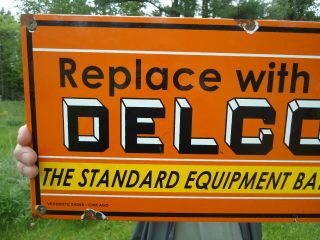 VINTAGE 1949 DOUBLE SIDED DELCO BATTERY PORCELAIN GAS STATION PUMP SIGN 4