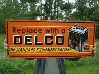 VINTAGE 1949 DOUBLE SIDED DELCO BATTERY PORCELAIN GAS STATION PUMP SIGN 5