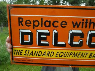 VINTAGE 1949 DOUBLE SIDED DELCO BATTERY PORCELAIN GAS STATION PUMP SIGN 7