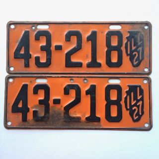 Illinois 1927 Pair Old License Plate Garage Car Tag Set Vtg State Map Orange Bar